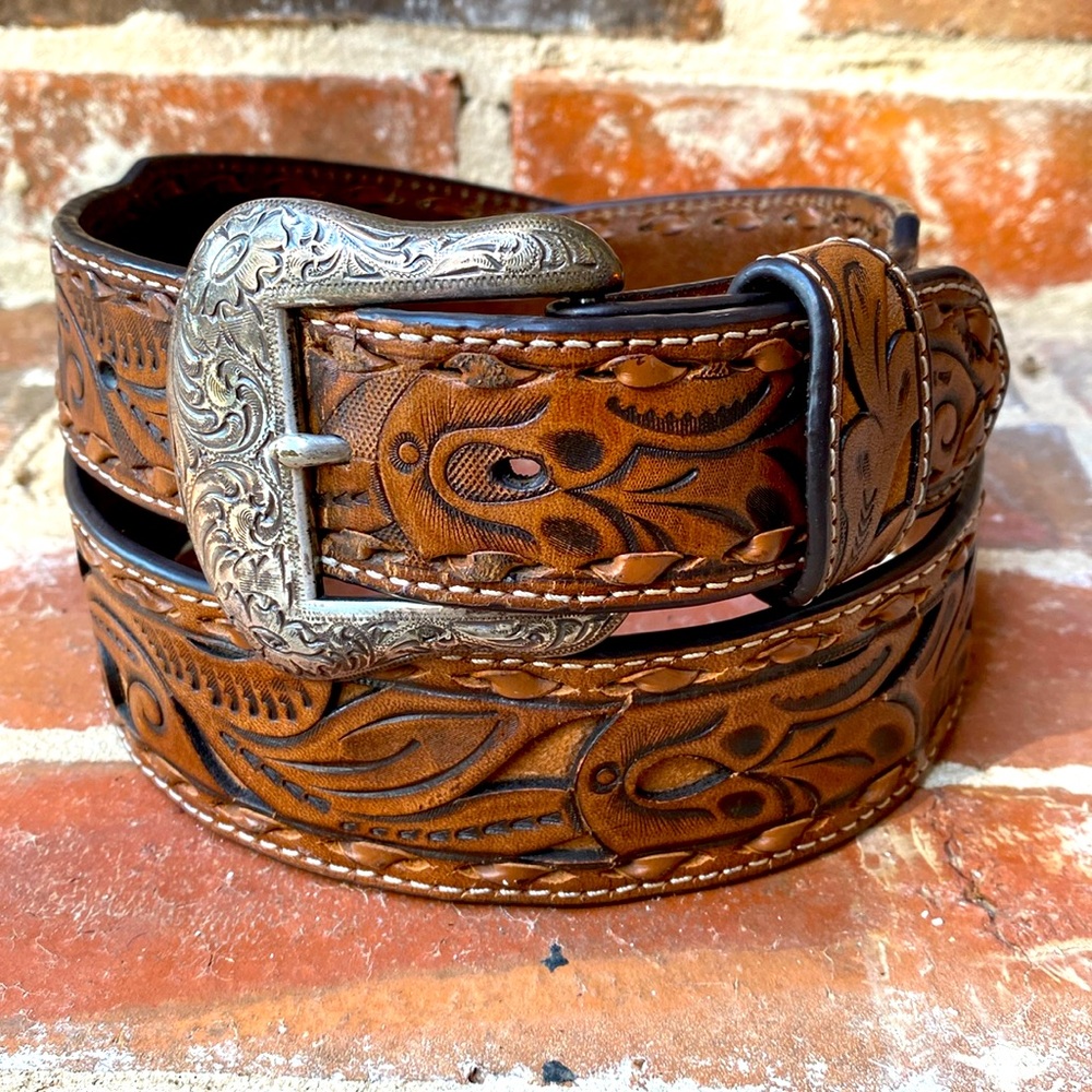 Nocona Tooled Leather Belt with Etched Silver Buckle Size 38